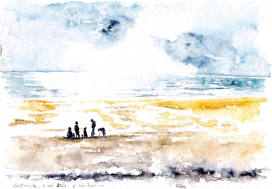 Peint à l'aquarelle, face à la Manche. A contre jour, de petites silhouettes sont alignées sur le sable, puis au loin la Manche et le ciel. La lumière du ciel se reflète dans la mer.