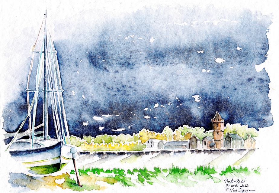 Peint à l'aquarelle, sous un ciel bleu indigo foncé, en premier plan gauche, l'extrémité d'un voilier. En arrière plan, la silhouette de Port-Bail dominée par le clocher de l'église