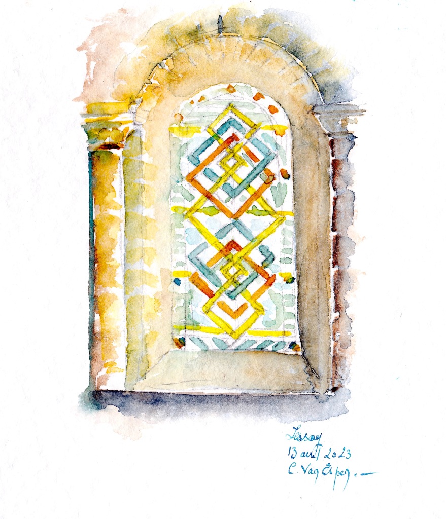 A l'aquarelle, un vitrail en entrelacs géométriques de l'église de Lessay